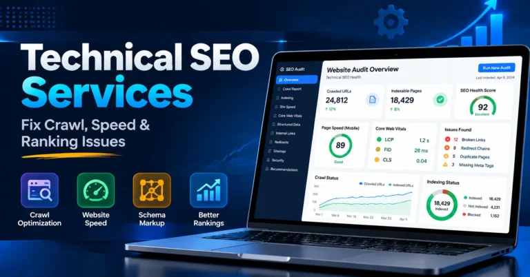 Technical SEO services dashboard showing crawl, speed and indexing reports