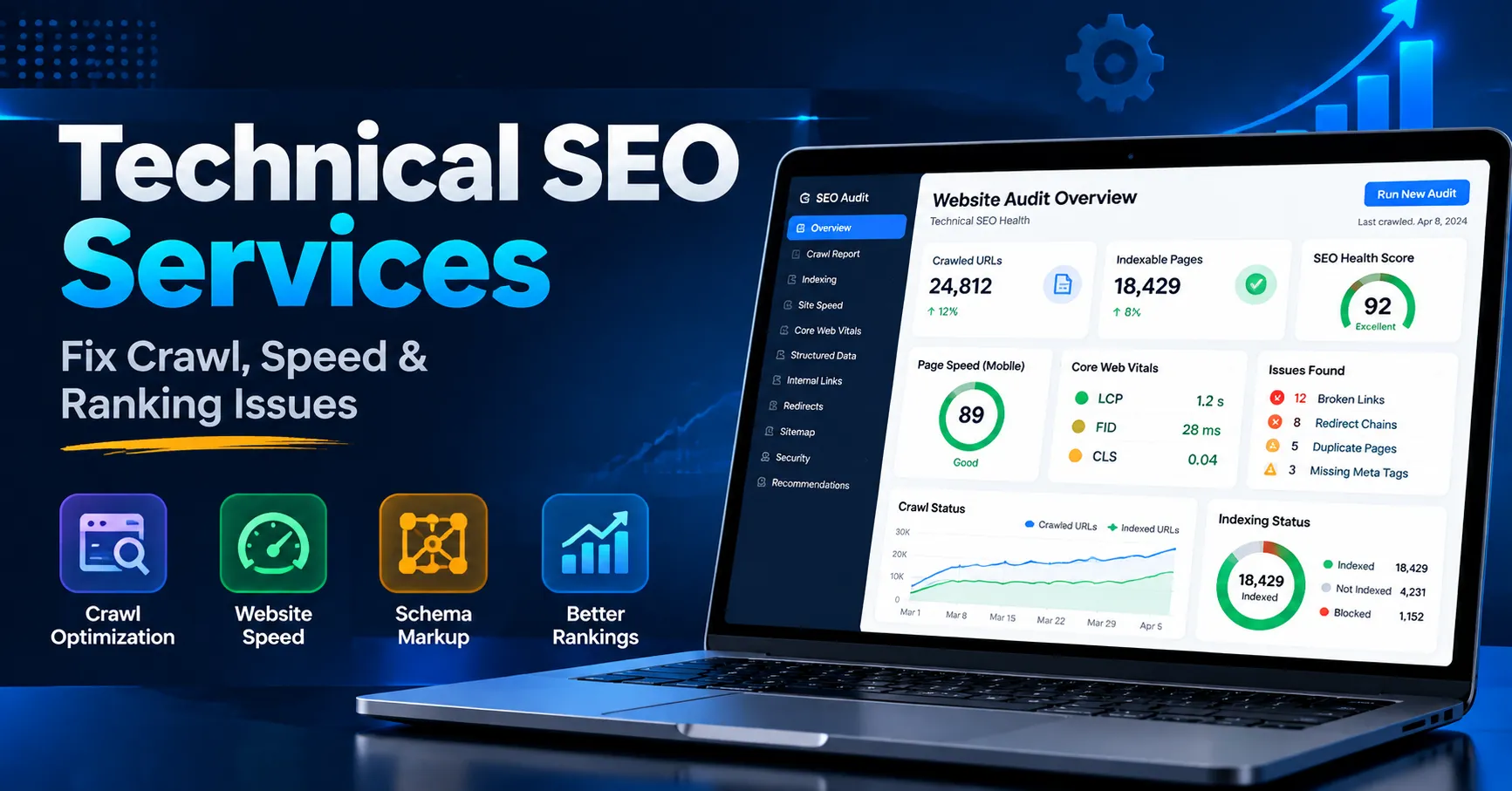 Technical SEO services dashboard showing crawl, speed and indexing reports
