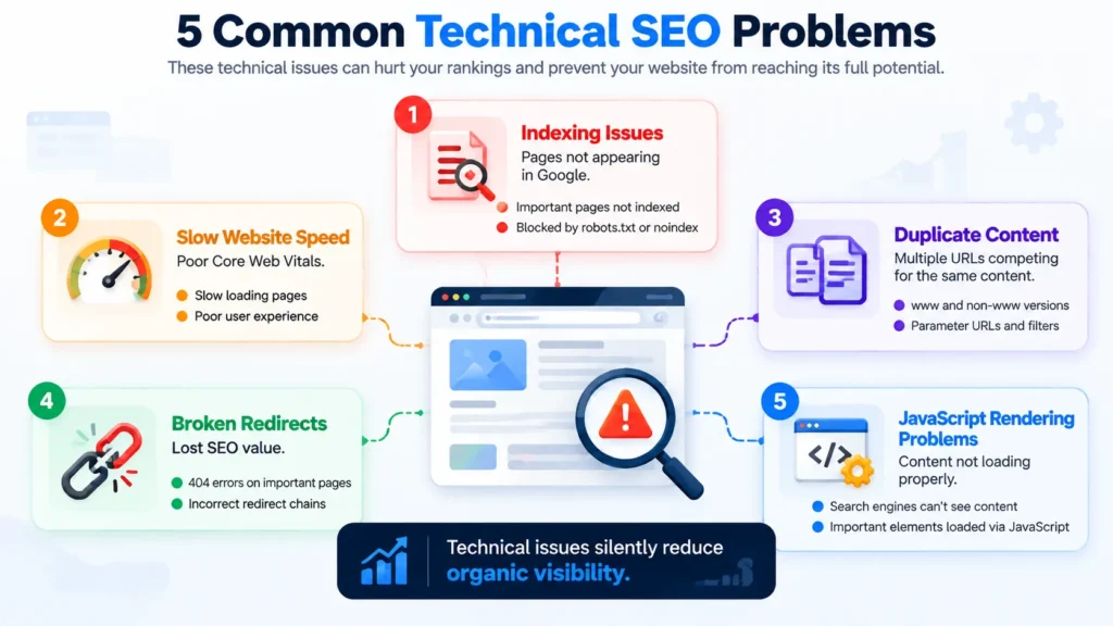 Infographic of five common technical SEO problems: indexing gaps, slow pages, duplicate URLs, lost redirects and JavaScript rendering