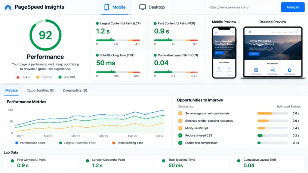 Page Speed Insights report showing Core Web Vitals scores for a website