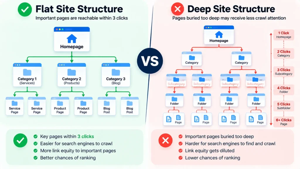 Diagram comparing a flat site structure with a deep one where pages sit six clicks from the homepage