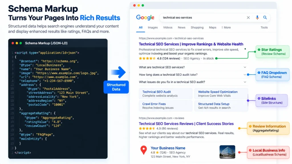 Search result with star ratings and FAQ dropdown created by schema markup