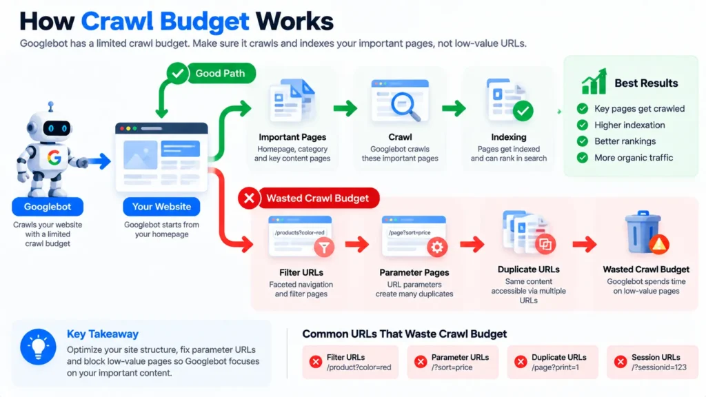 Diagram showing Googlebot spending its crawl budget on filter and parameter URLs instead of key pages
