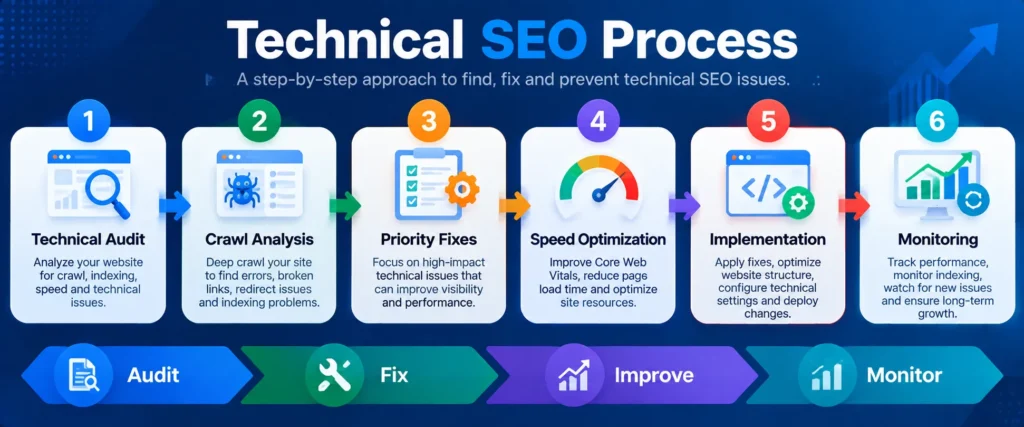 Flowchart of the six-step technical SEO process from audit to monitoring