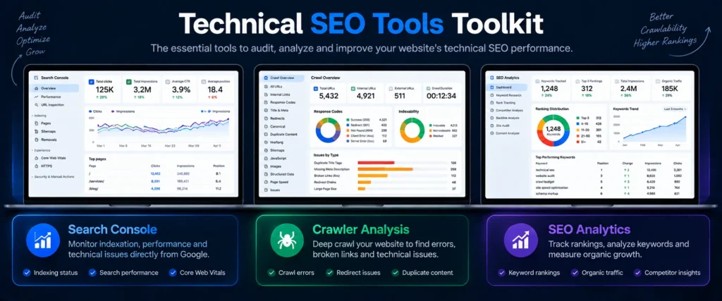 Screenshot collage of Google Search Console, Screaming Frog and Semrush dashboards