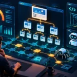 Illustration of a technical SEO specialist reviewing a website crawl map, site speed metrics, and structured data on a large dashboard
