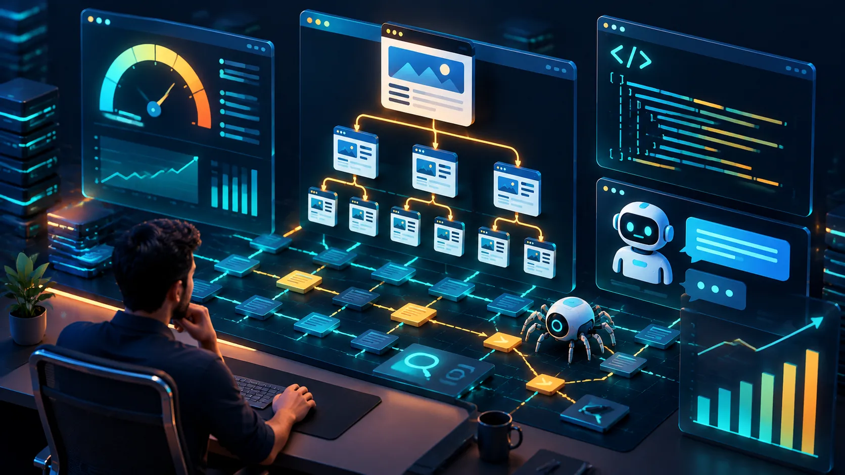 Illustration of a technical SEO specialist reviewing a website crawl map, site speed metrics, and structured data on a large dashboard