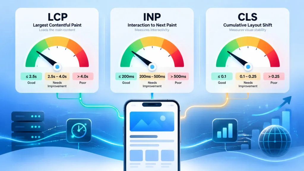 Infographic showing three Core Web Vitals gauges for LCP, INP, and CLS with good, needs improvement, and poor threshold zones