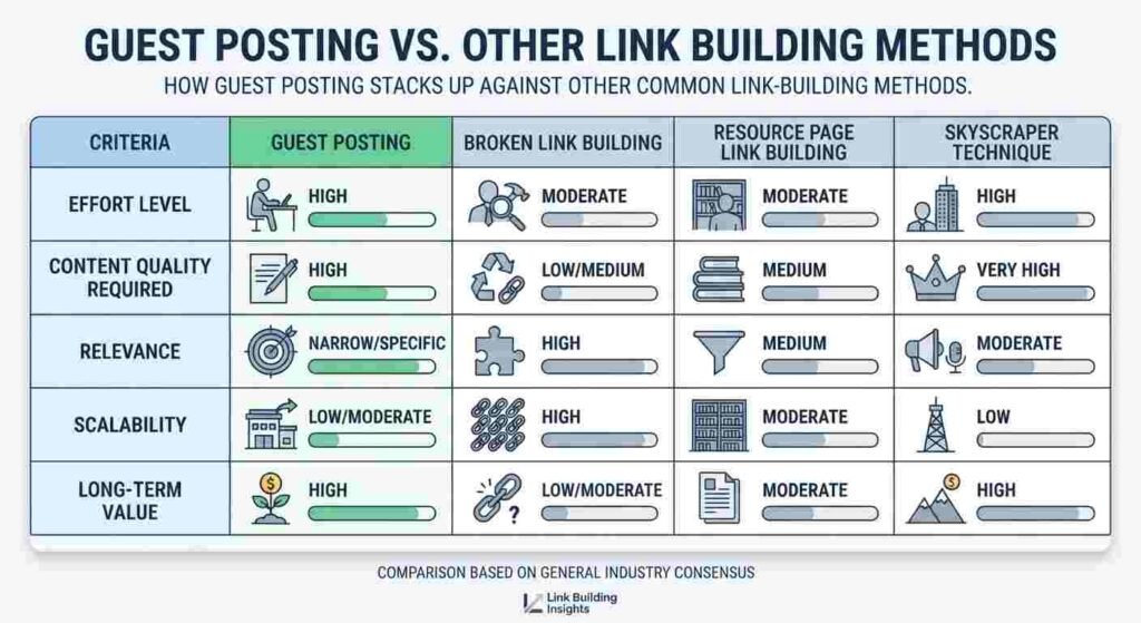 Comparison chart of guest posting versus other link building methods