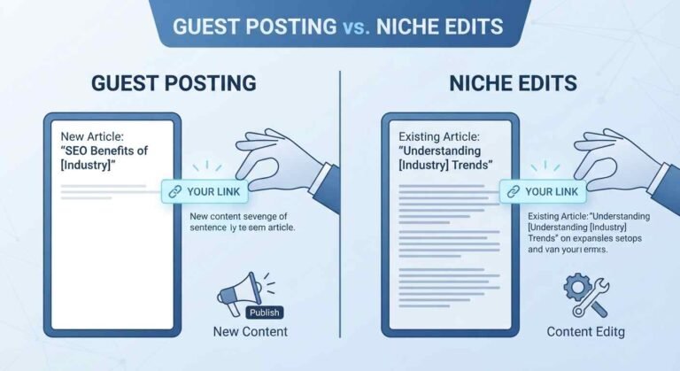 Comparison graphic of guest posting versus niche edits link insertion