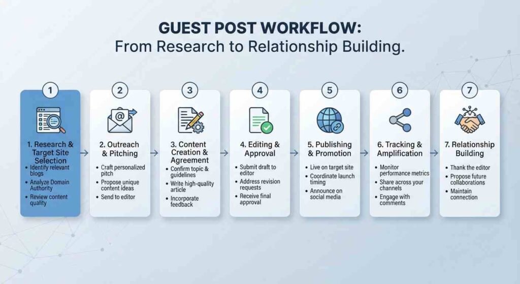 Guest post workflow diagram showing 7 steps from research to publishing