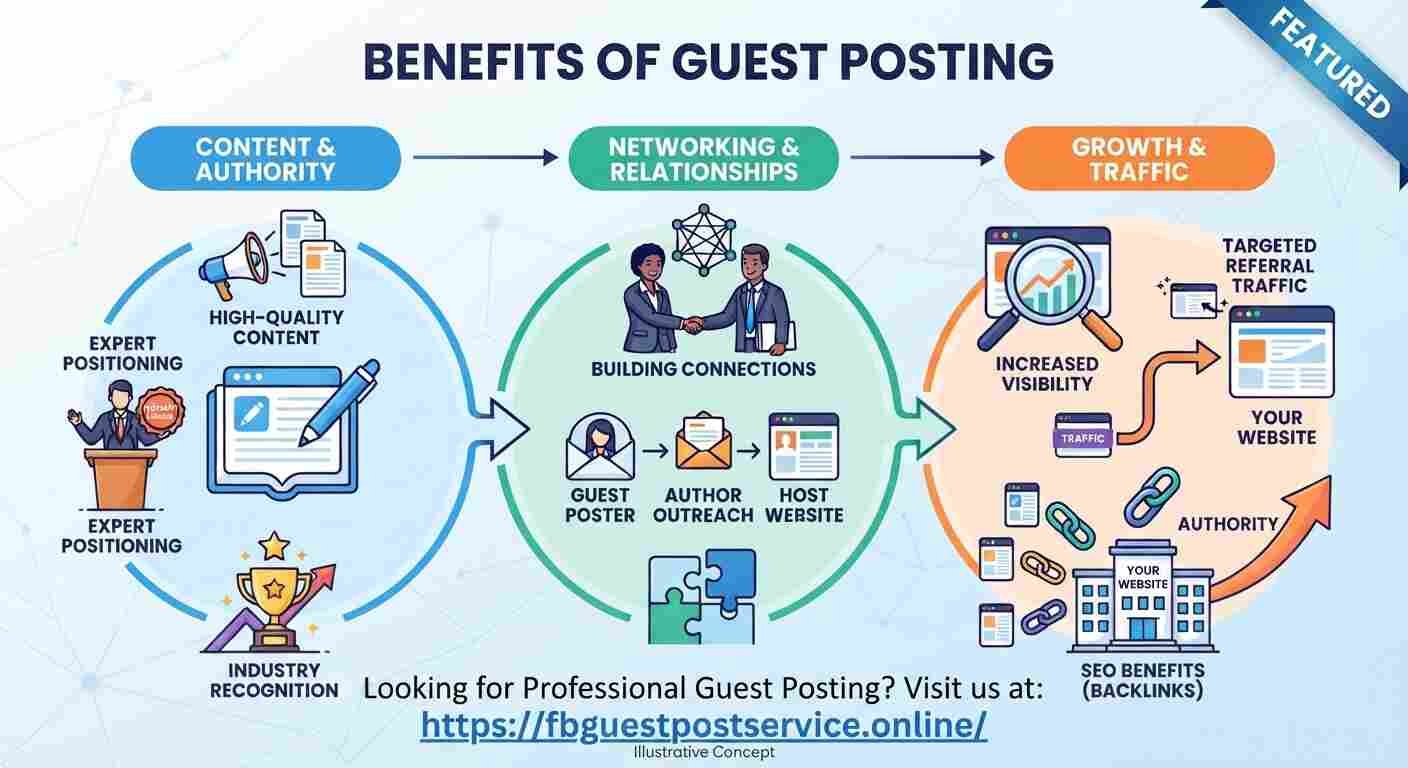 Guest posting benefits illustration showing content, networking, and growth