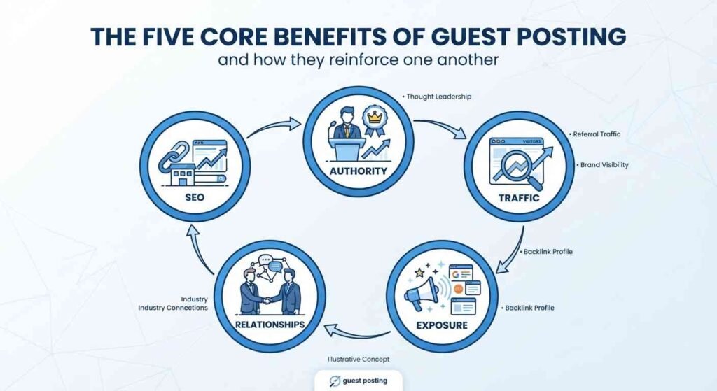 Five benefits of guest posting: authority, traffic, exposure, relationships, SEO