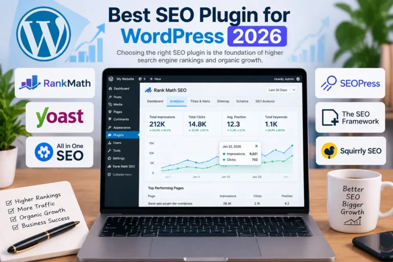 Best SEO plugin for WordPress 2026 compared on a laptop screen