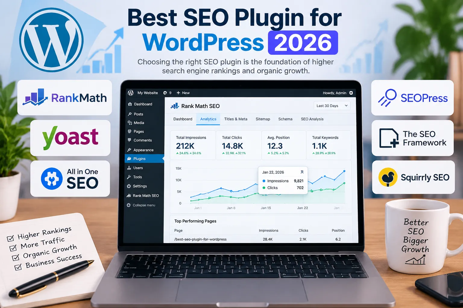 Best SEO plugin for WordPress 2026 compared on a laptop screen