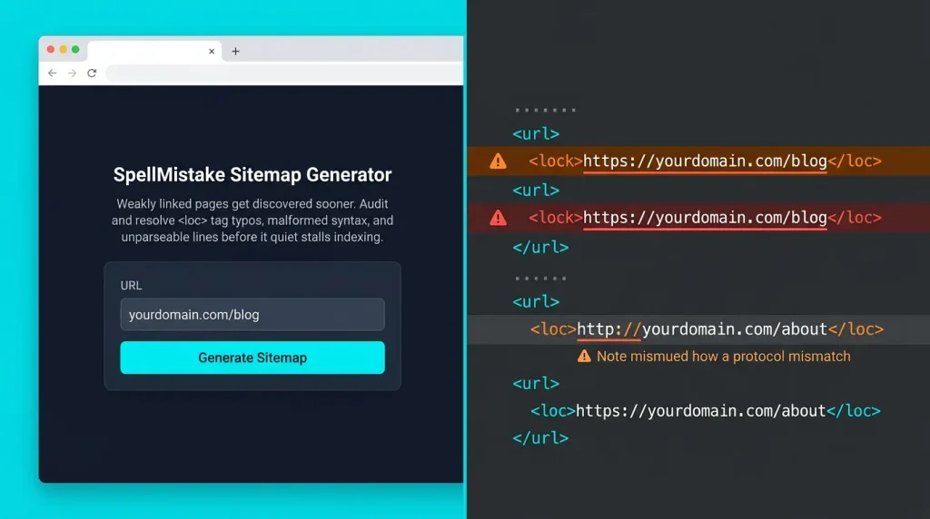 Split-screen comparison showing the SpellMistake sitemap generator web interface and XML code syntax debugging.
