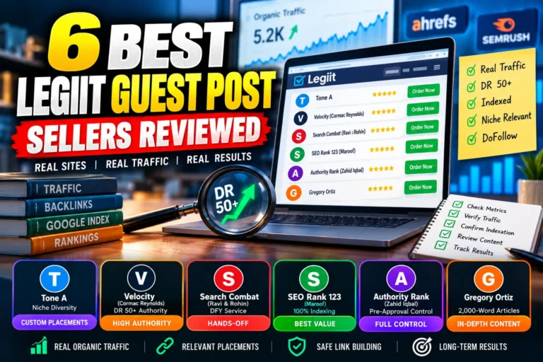 Best Legiit guest post sellers comparison featuring Tone A, Velocity, Search Combat, SEO Rank 123, Authority Rank, and Gregory Ortiz.