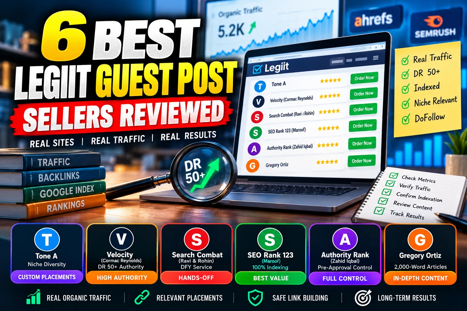 Best Legiit guest post sellers comparison featuring Tone A, Velocity, Search Combat, SEO Rank 123, Authority Rank, and Gregory Ortiz.