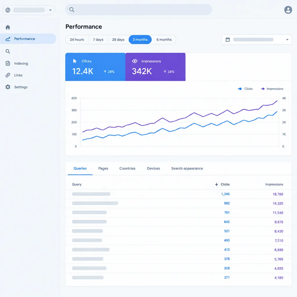 Google Search Console performance report showing clicks and impressions for a WordPress site