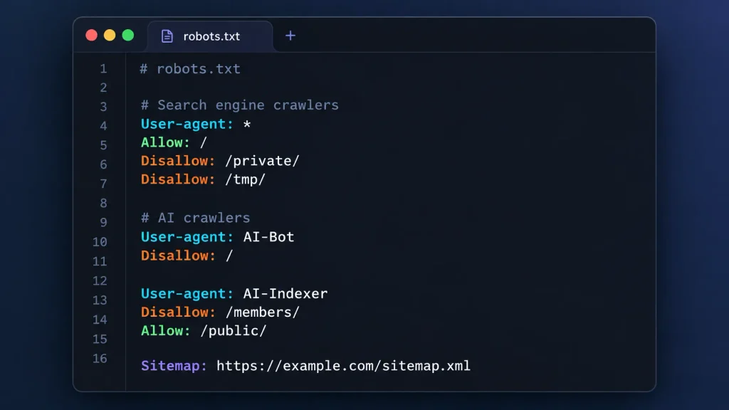 Example of a clean robots txt file configuration with search engine and AI crawler rules