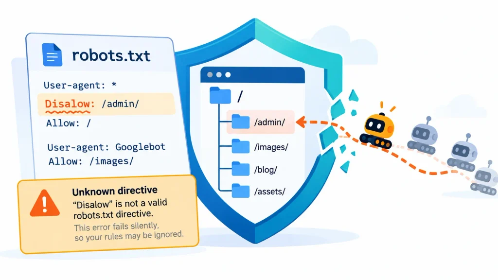 Illustration of hidden syntax errors and misspelled directives in a robots txt file