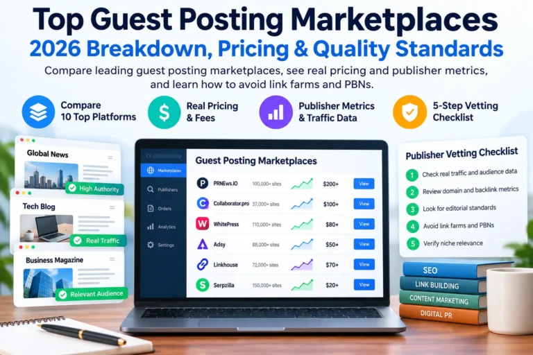 Infographic comparing the top guest posting marketplaces in 2026, including PRNEWS.IO, Collaborator, WhitePress, Adsy, Linkhouse, and Serpzilla, with pricing, SEO metrics, and publisher vetting tips.