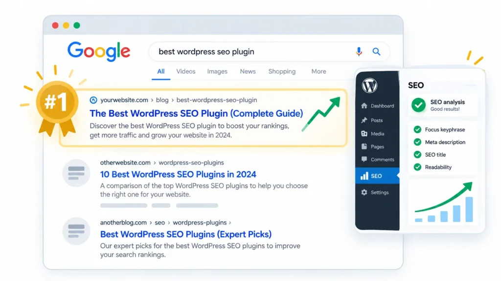 Website achieving top rankings using a WordPress SEO plugin